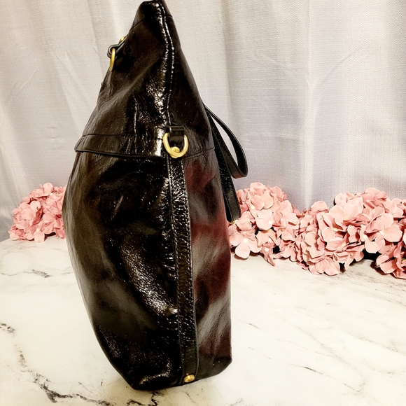HOBO Vintage Shiny Black Leather Tote Shoulder Bag with Wanderlust Lining - Picture 6 of 10